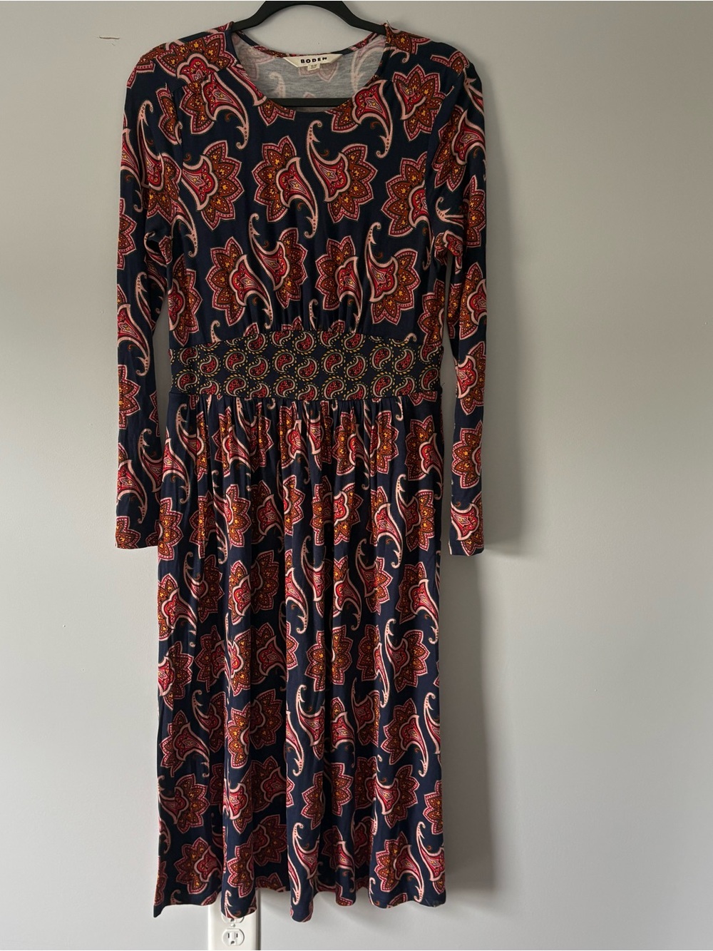 Boden Navy Long-Sleeve Paisley Midi Dress with Red & Orange Accents